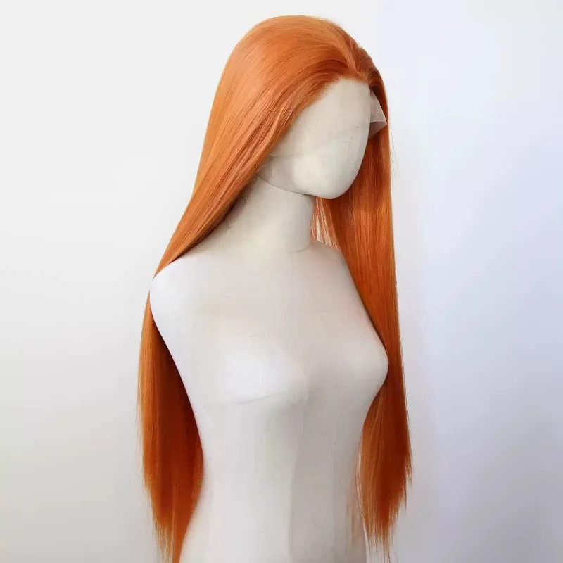 Women Synthetic Lace Front Wig, Burnt Orange Long Yaki Straight Hair High‑Temp Fiber Fluffy Corn‑Textured Fashion Full‑Head Wig
