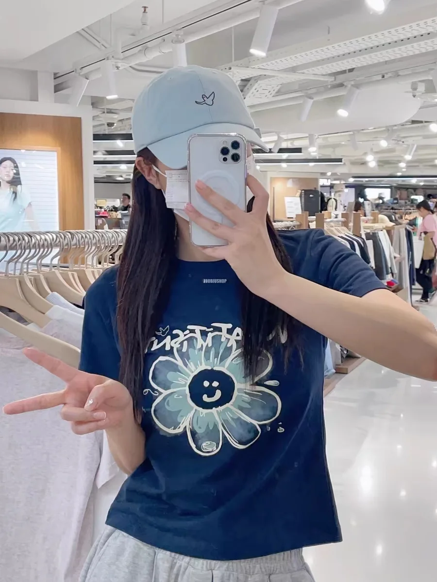 Camiseta de Verano para Mujer, Corte Ajustado, Estampado Floral, Marca de Moda, Algodón, Estilo Juvenil, Cuello Redondo