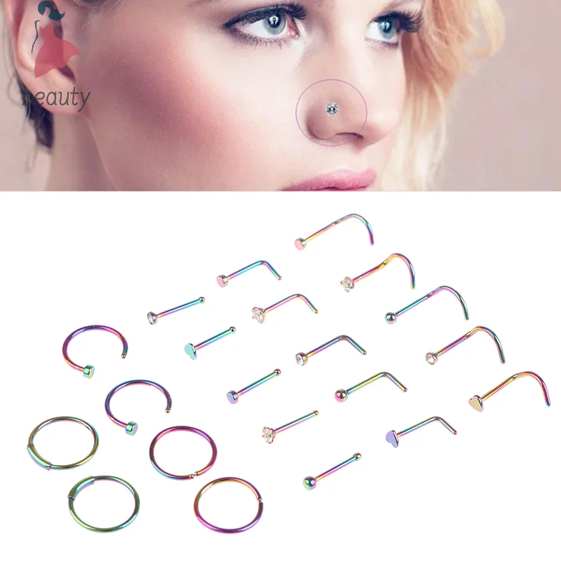 Stainless Steel Heart L Shape Nose Rings And Studs Set Indian Nose Piercing Stud Set Nostril Pin Crystal Cute Nose Studs Jewelry