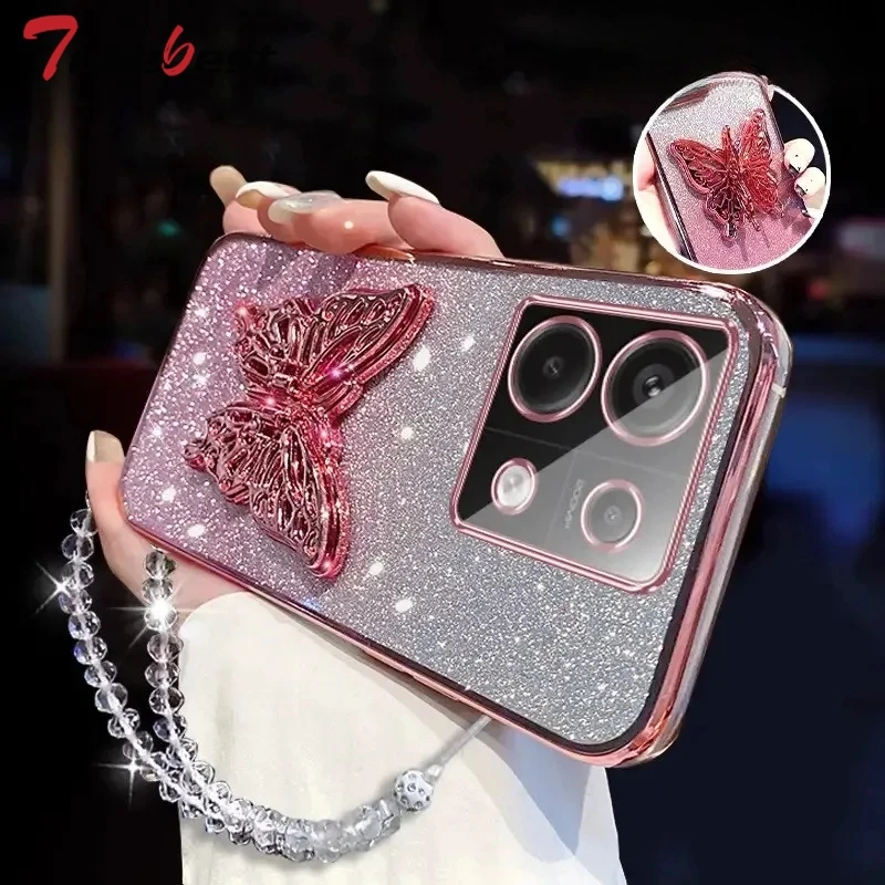 3D Butterfly Phone Holder Crystal Bracelet Glitter Plating Case for Xiaomi POCO X6 X5 X4 X3 NFC M4 M3 Pro 5G Back Cover