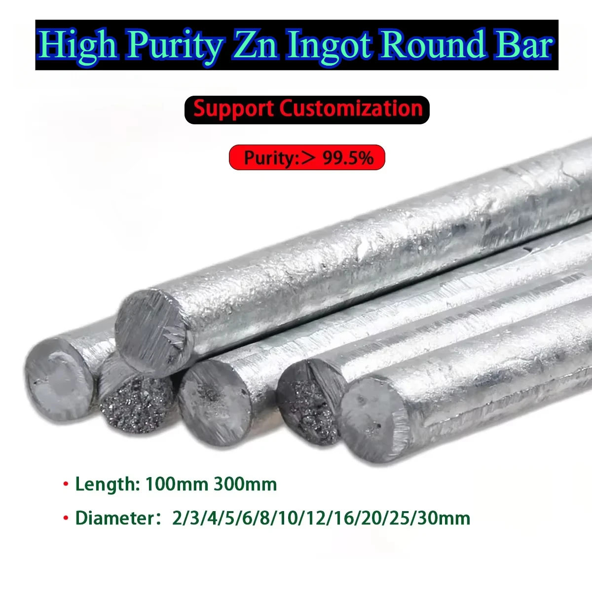 High Purity Zn Ingot Round Bar Zinc Rod Anode Electroplating DIY Customize Diameter 2/3/4/5/6/8/10/12/16-30mm Length 100mm 300mm