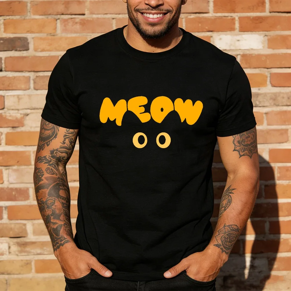 New Black Cat Cartoon Eyes Bold Yellow Text Short Sleeve Crew Neck  T-shirt For Men