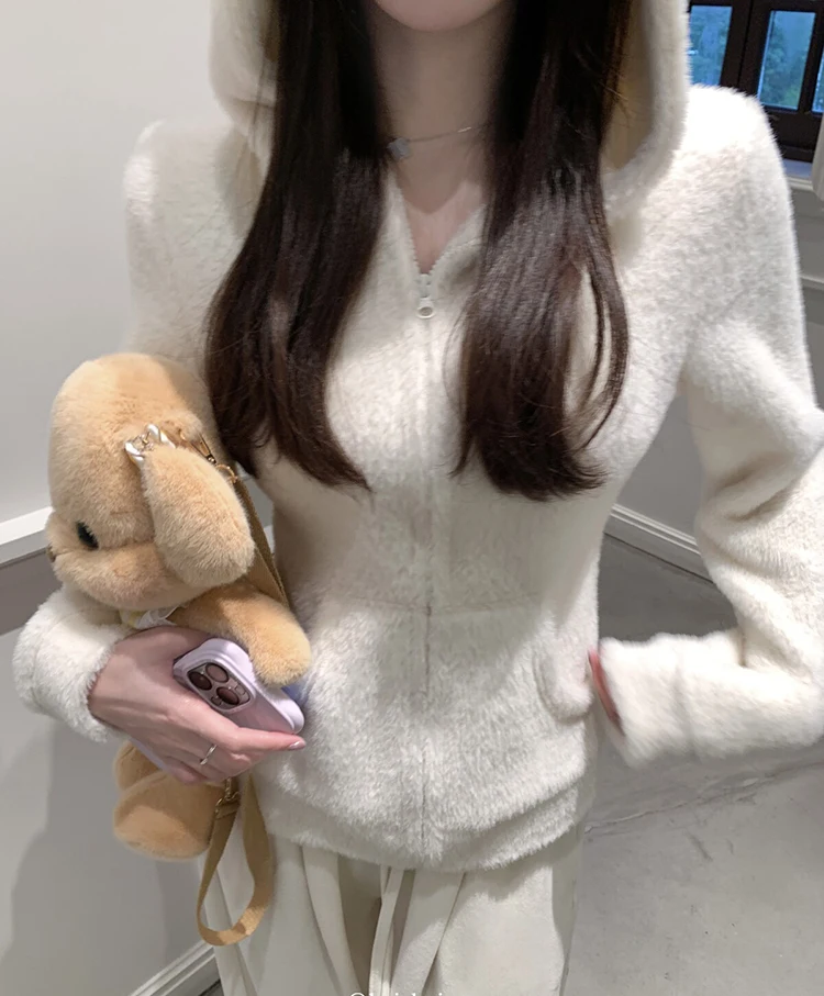 Cute Bear Ear Hooded Warm Plush Jacket for Women Autumn Winter Slim Fit Thick Outerwear Woman Casual Solid Zipper Sweatshirt