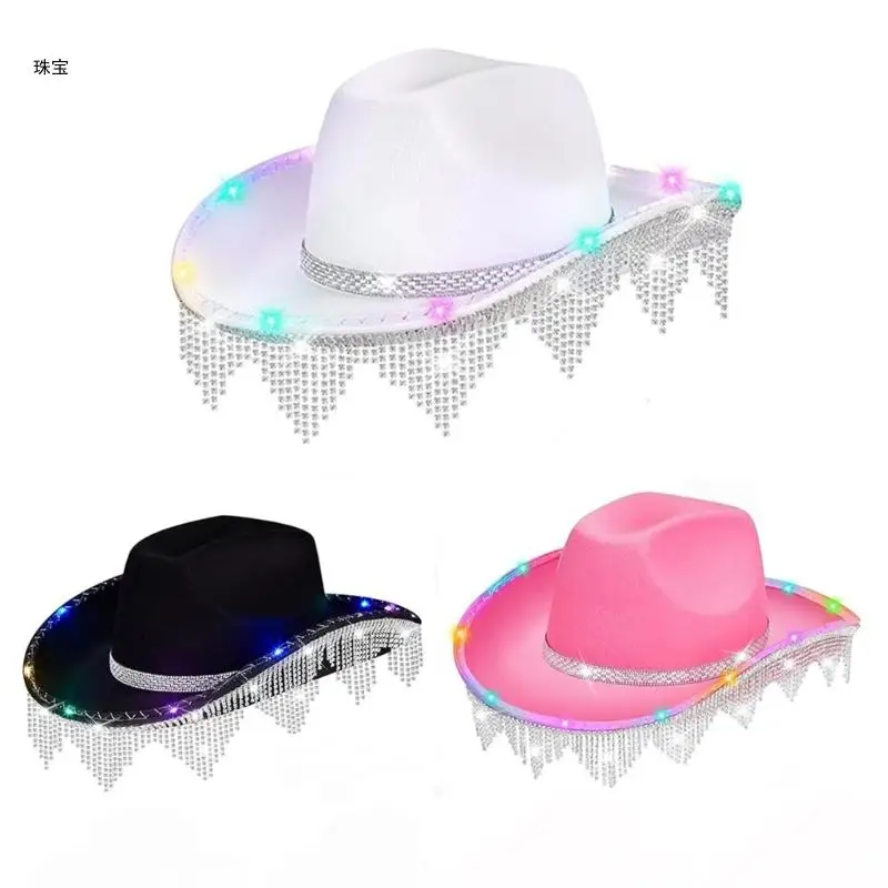 

X5QE Diamond Cowgirl Hat Western Rolled Brims Hat Fedoras Hat for Stage Performances