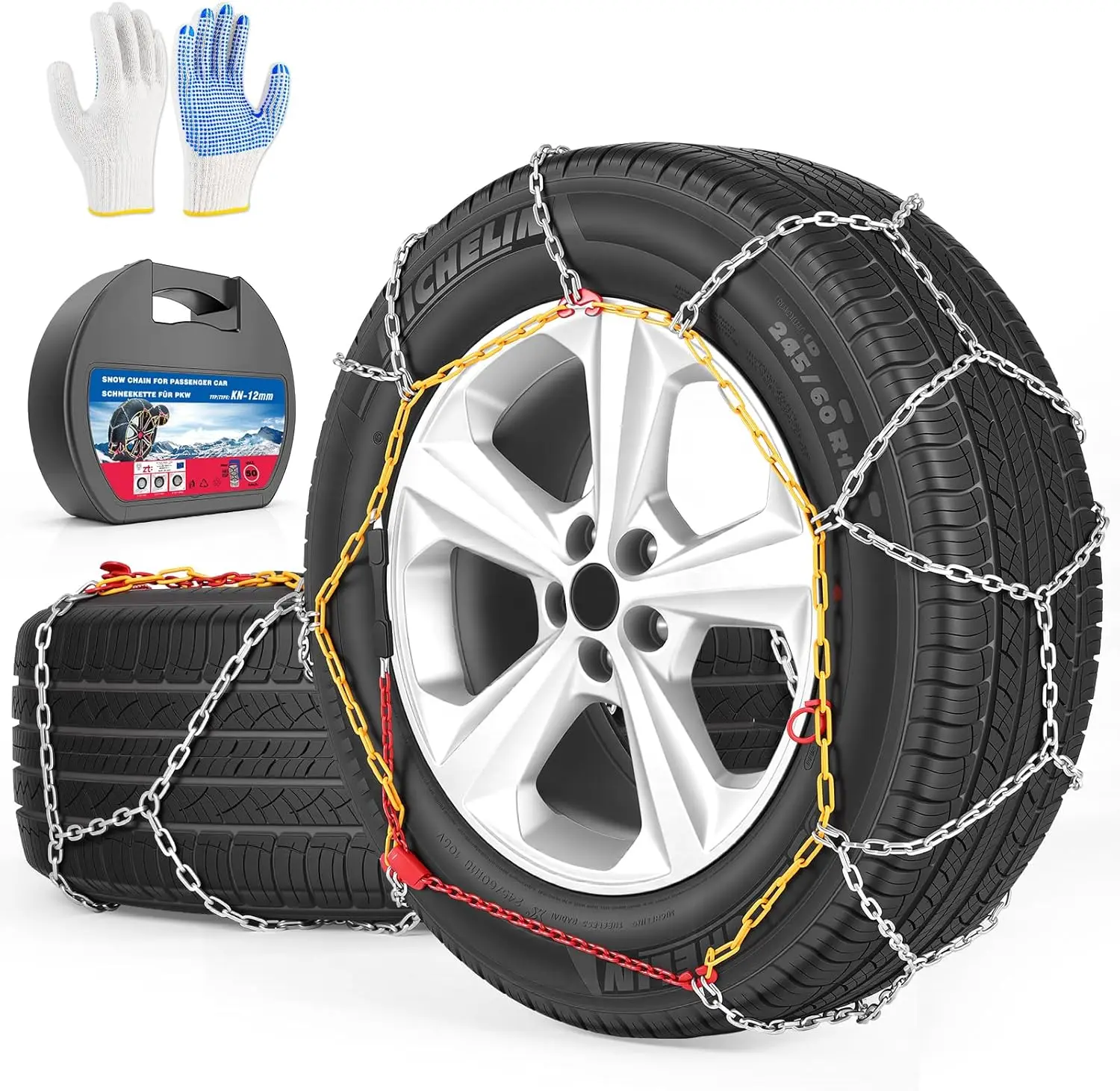 Universal Adjustable Snow Chains for Car Tires, Manual Tightening, Emergency Portable Set of 2 for Commuter and SUV
