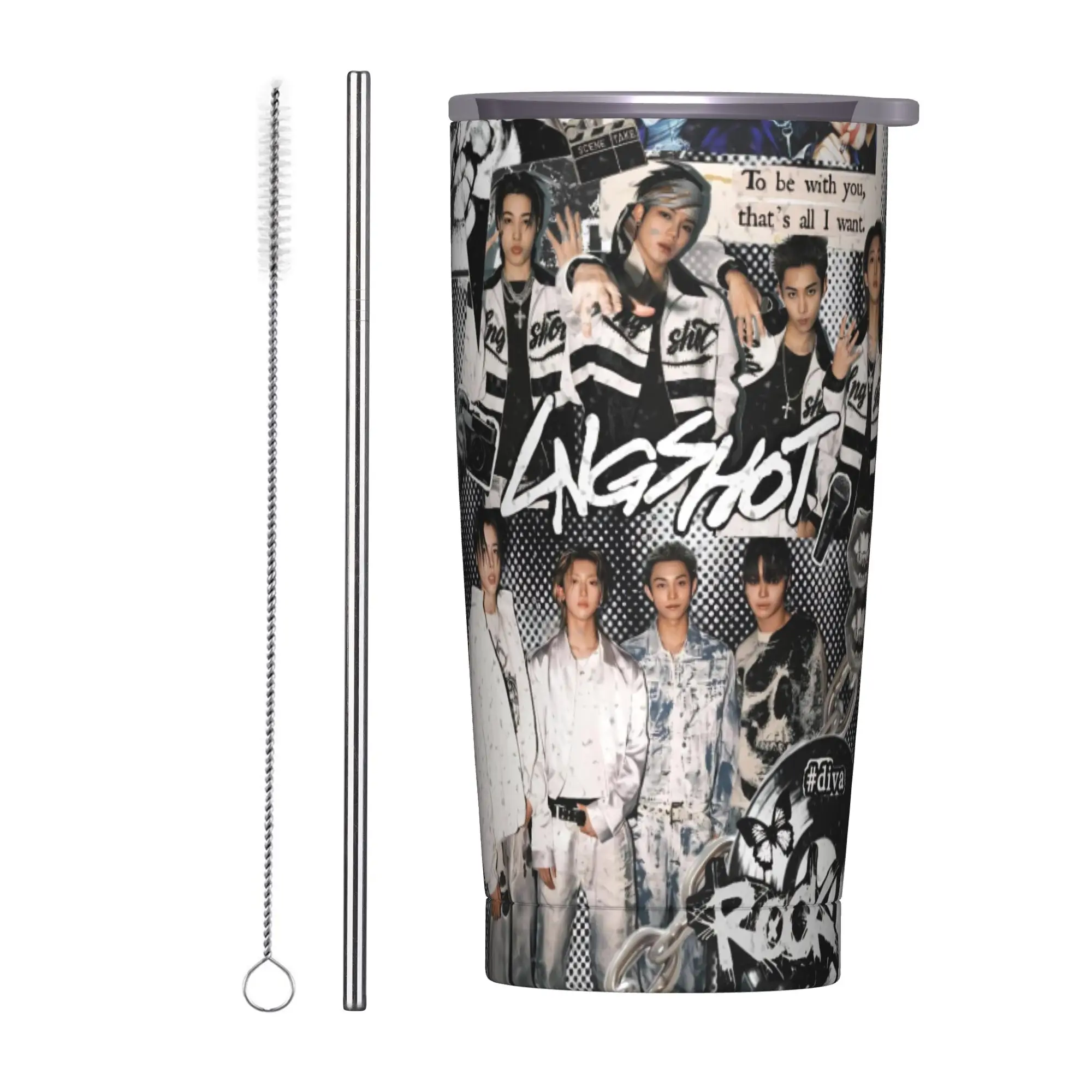 Kpop Group Lngshot  Tumbler Vacuum Insulated  Thermal Cup with Lid Straw Office Home Mug Water Bottle 20oz