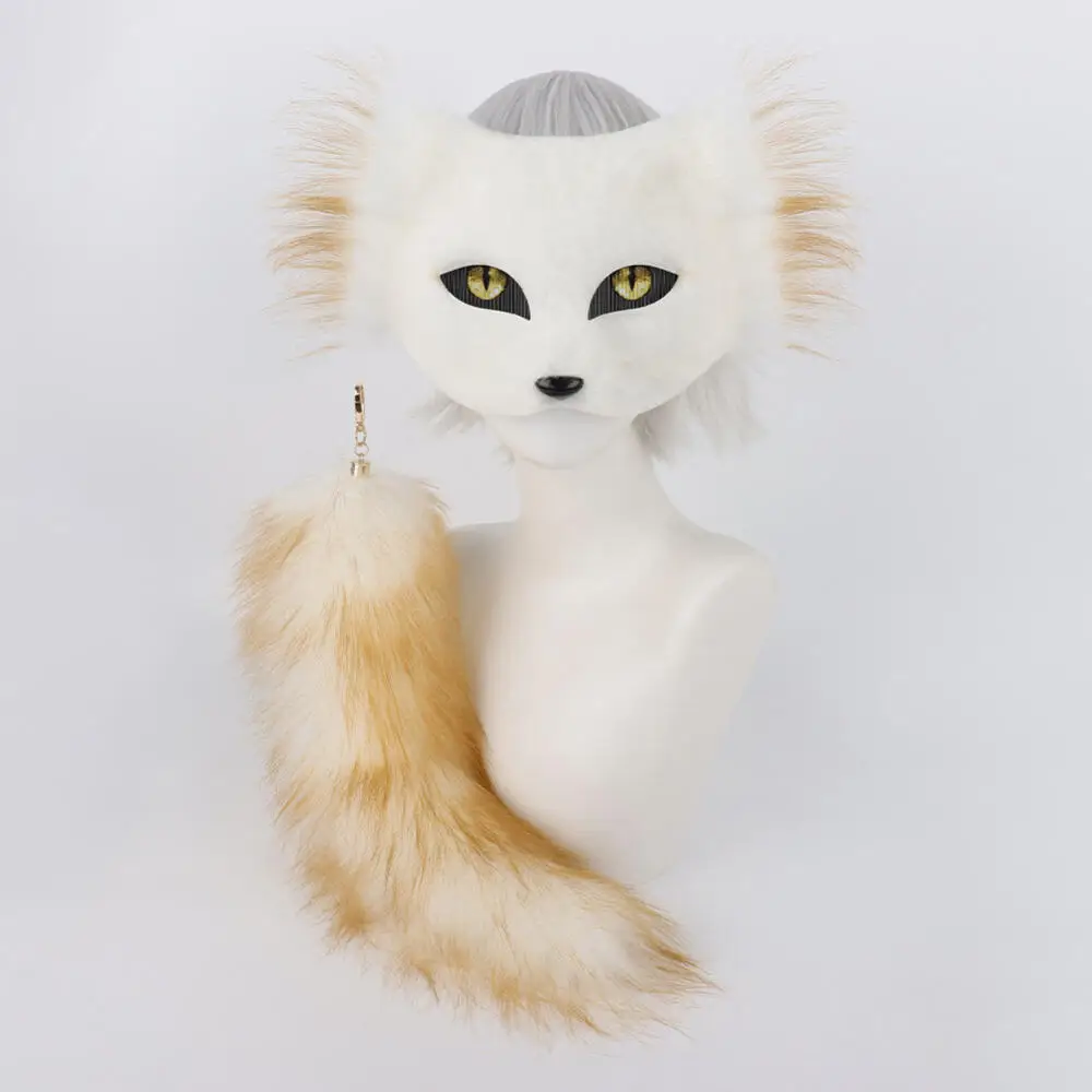 Halloween Cosplay Akcesoria Zwierzęcy Kot Cos Maska na Pół Twarzy z Ogonem 2-częściowy Zestaw z Farbą Personalizowana Maska DIY Pluszowy Ogon Rekwizyty Zwierzęce