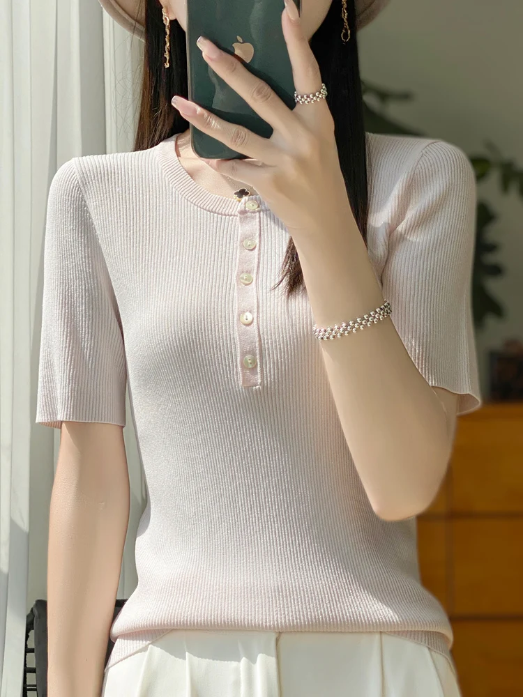 Spring and summer new simple top long-sleeved women's O-neck knitted short-sleeved Qu Zhu Bing Si pullover knitted T-shirt