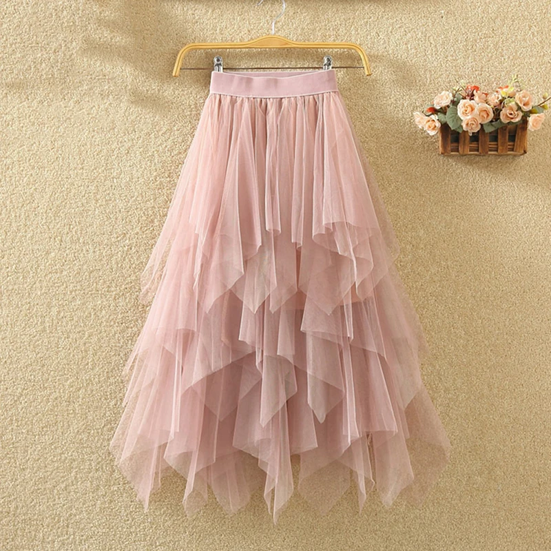 Gonne in tulle irregolari da donna Moda elastica a vita alta Gonna tutu in rete Gonne lunghe a pieghe Gonna longuette Saias Faldas Jupe Femmle