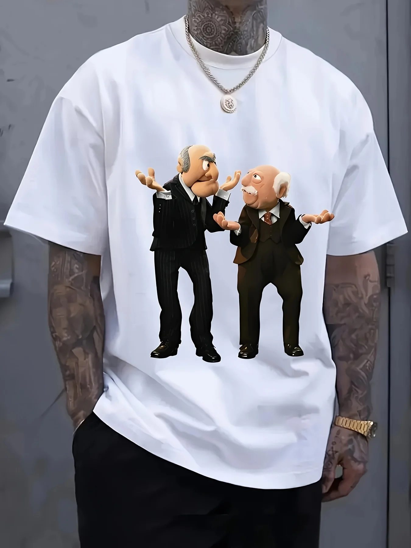 Men'S Statler & Waldorf "Puppet Show" Graphic T-Shirt - Black Casual Short Sleeve Tee with Vintage Puppets Print