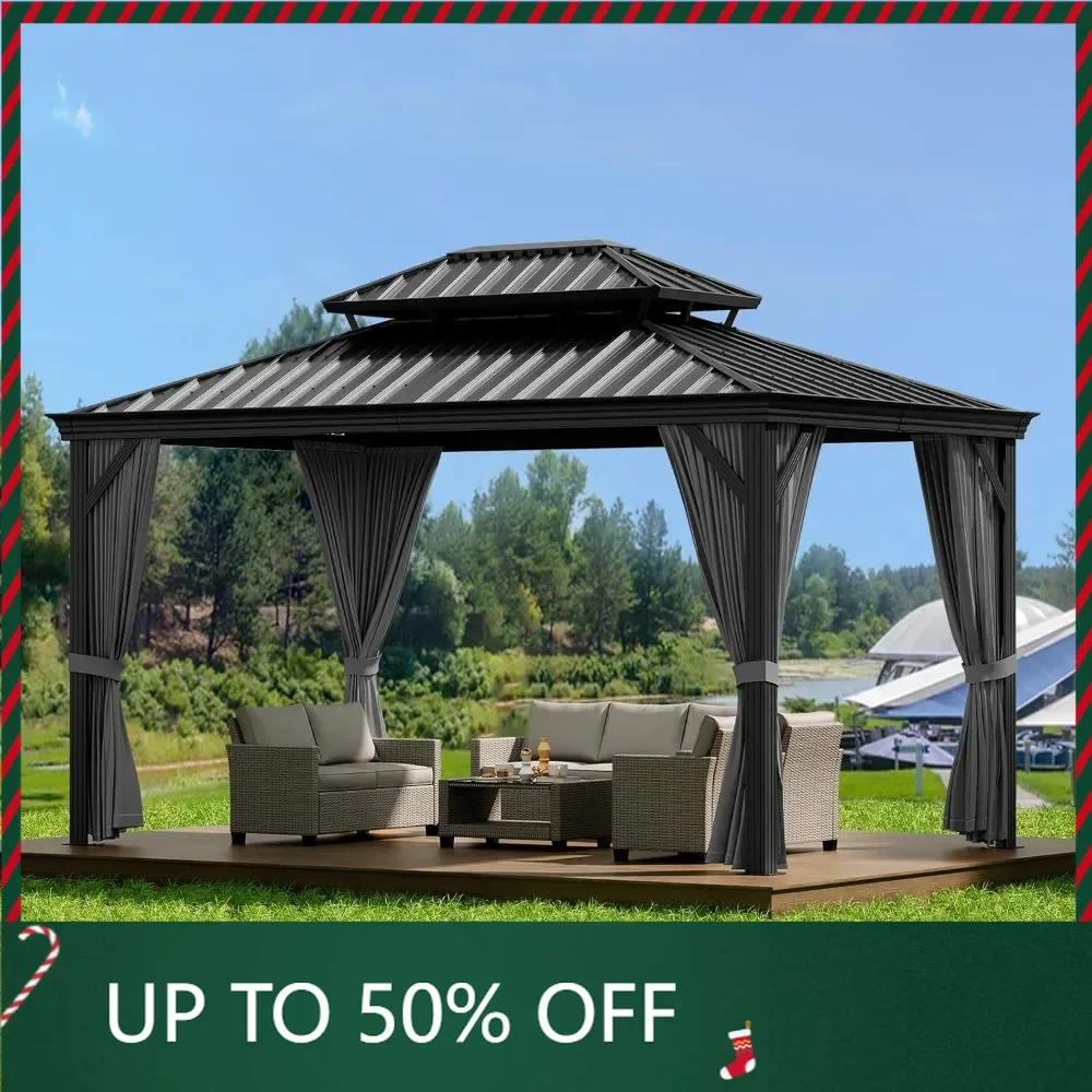 

Gazebo, Heavy Duty Double Roof Outdoor Garden Galvanized w/Nettings Curtains Steel Combined of Horizontal Vertical Stripes Roof