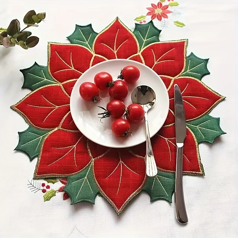 4 قطعة عيد الميلاد المطرزة الجدول العلم مفرش المائدة مكتب عداء غطاء أطباق مستديرة لوحة القماش تحديد الموقع عيد الميلاد طاولة طعام ديكور #1