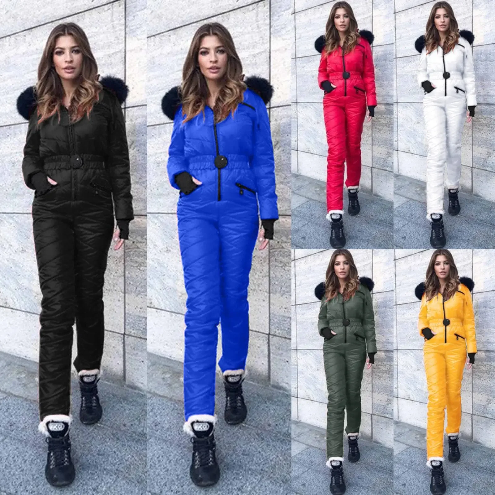 Women's Hooded Jumpsuits Parka Cotton Padded Warm Sashes Ski Suit Straight Zipper One Piece Casual Tracksuits Fashion New Winter