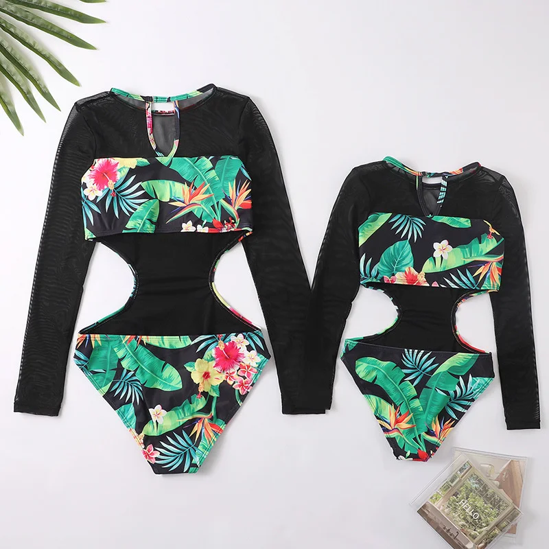 2026 Parent-child Swimsuit New Long-sleeved Printed One-piece Sets Mommy Girls Beach Bikini Children's Swimming Clothing Suits