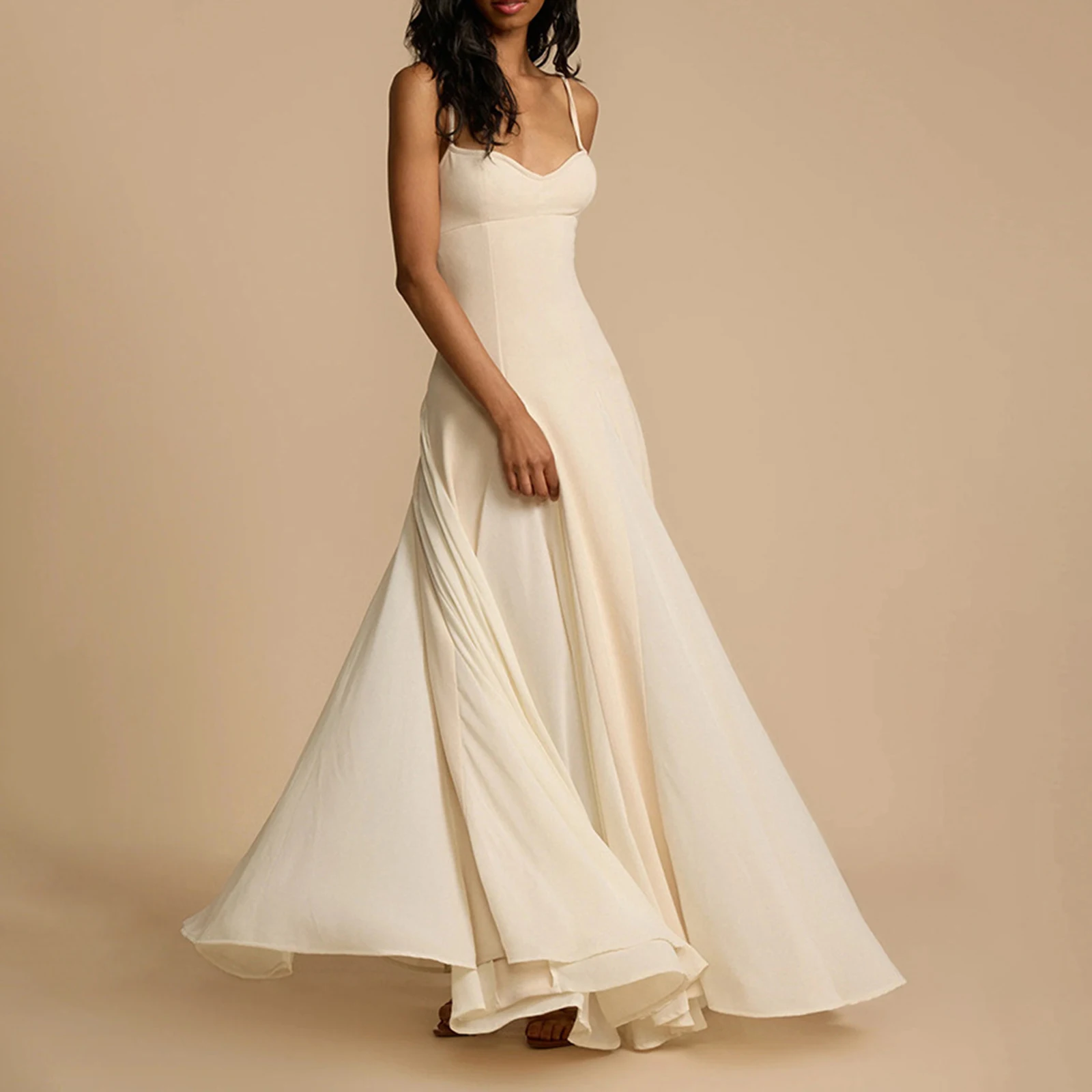 Vestido Feminino de Luxo de Verão Longo com Alça Fina Sem Mangas, Saia Ampla Casual Cor Sólida, Estilo Cami Moderno