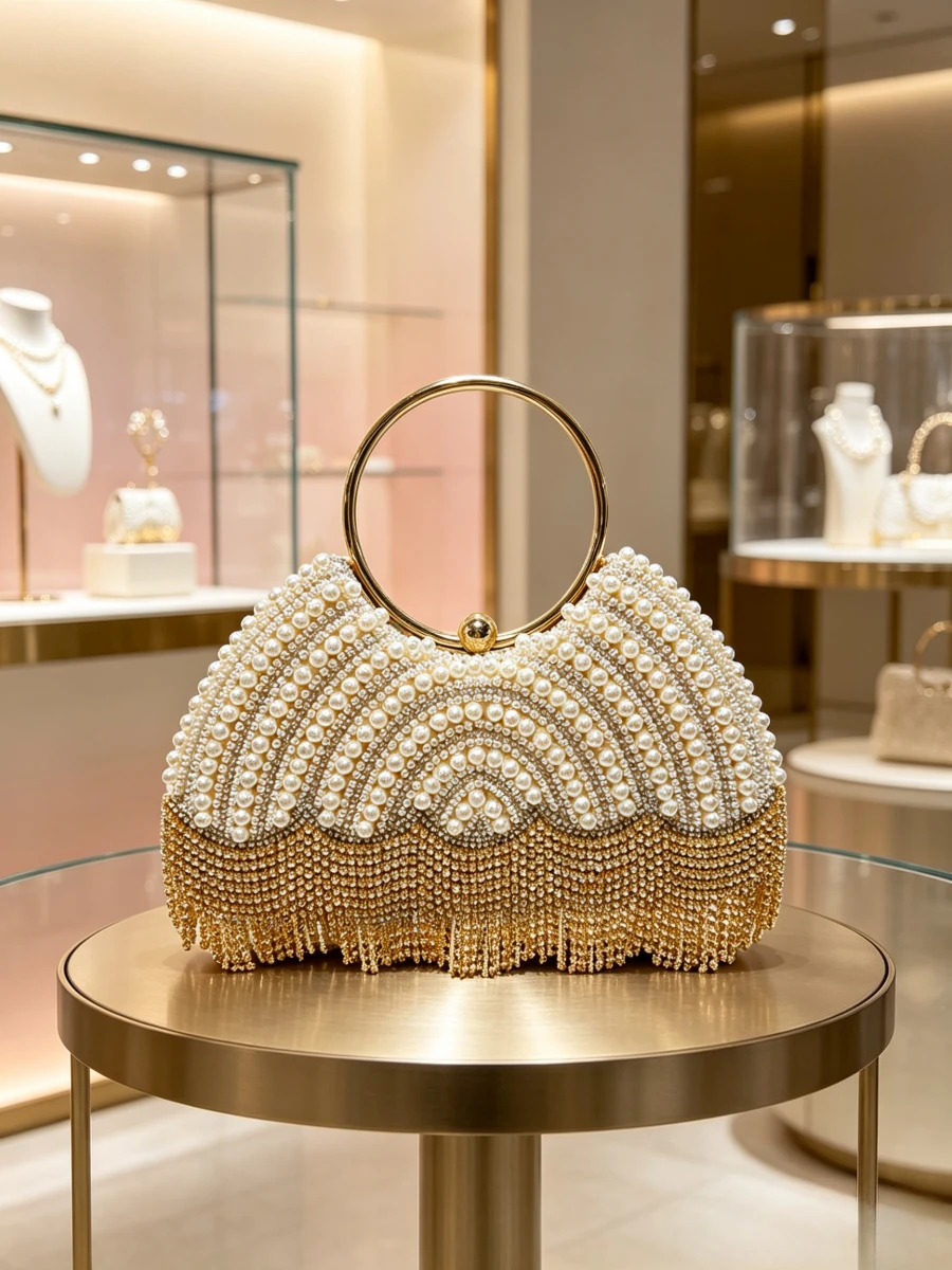 Ivory Full Pearl Fan Shape Long Gold Tassel Metal Ring Clutch Luxury Fairy Evening Purse Mature Women Wedding Banquet Handbag