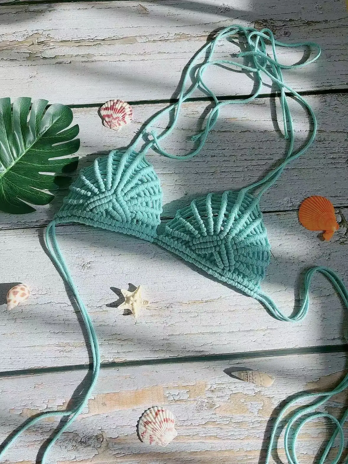 ハンドメイドの青い貝殻マクラメブラ、女神マーメイドビスチェ、ボヘミアンビキニトップ、ビーチカバーアップ、セクシー水着、レイブ衣装、編み込みトップ