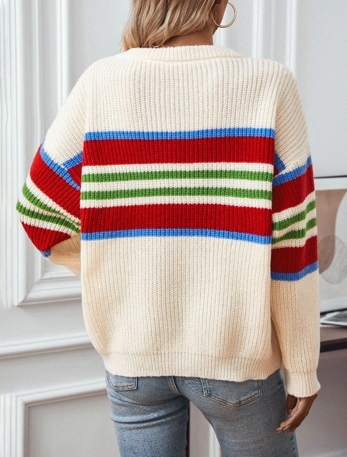 Women's Sweater Autumn Winter Fashion Leisure Rainbow Striped Pullover Fashionable Casual Round Neck Knitted Sweater