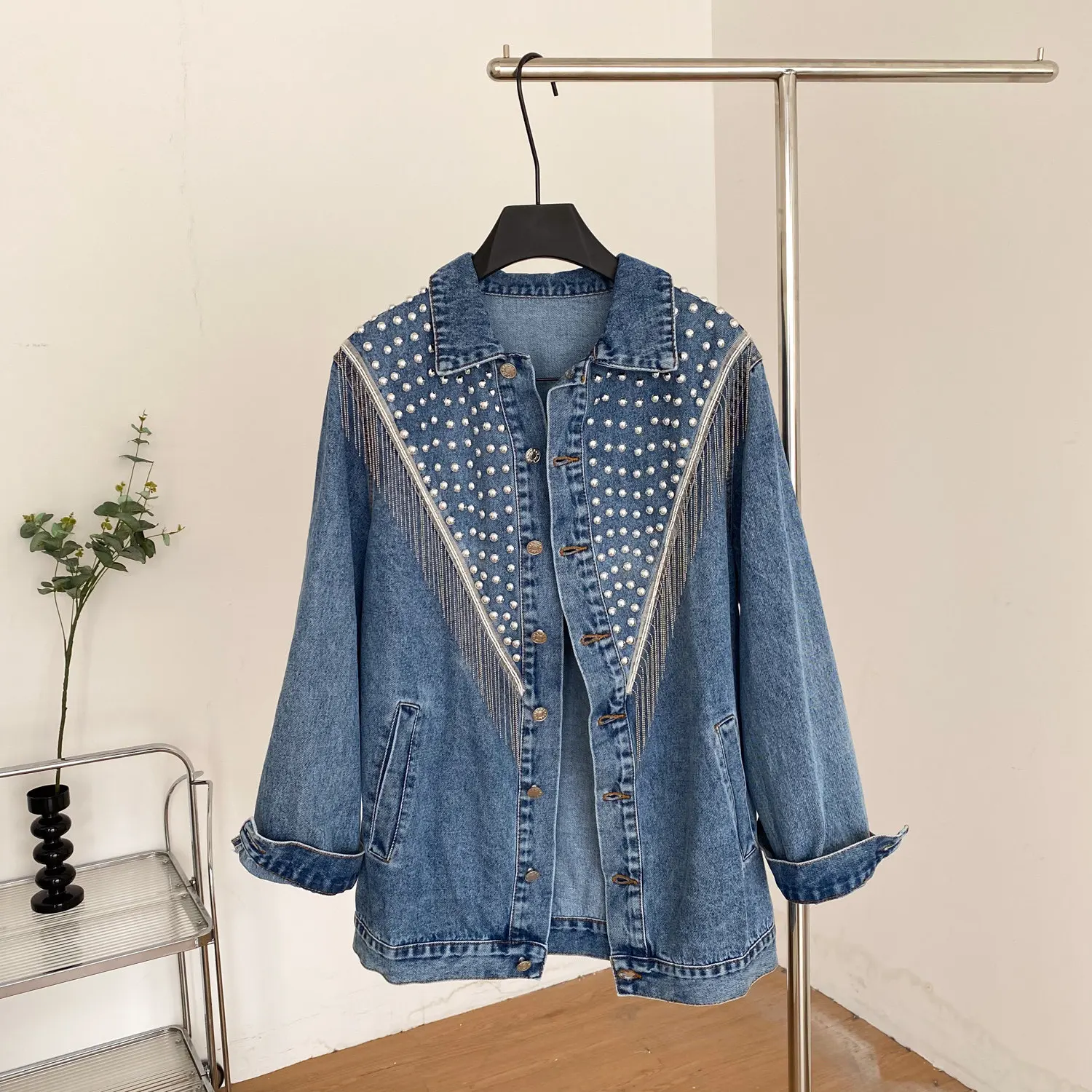 SuperAen European and American-style Retro Diamond High Street Denim Jacket for Women for Summer Loose Tassel Jackets