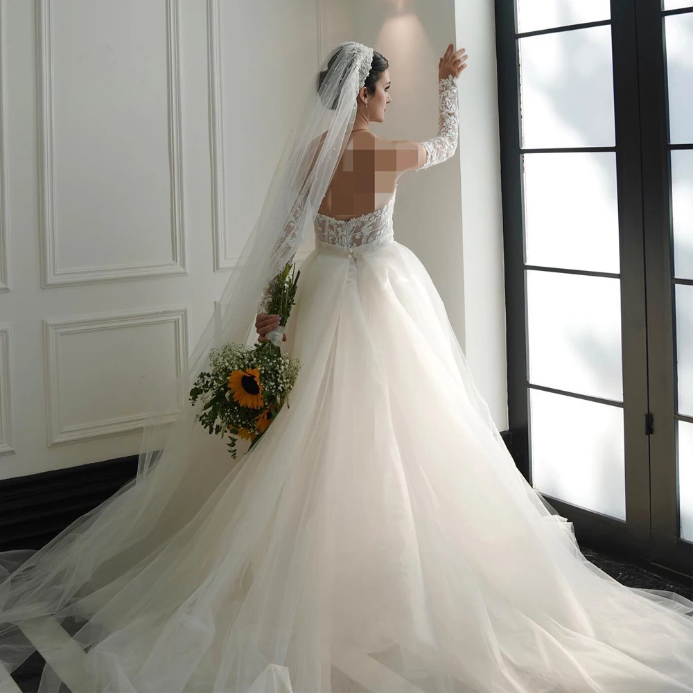 Customized 2 IN1 Mermaid Wedding Dress Strapless Embroidery Lace Bridal Gown Detachable Train Remove Full Sleeve vestidos de