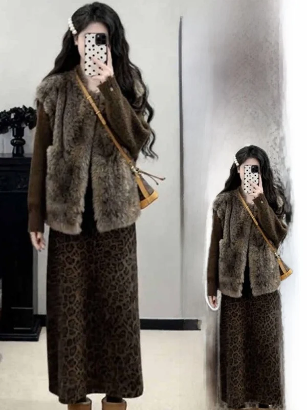 

Spring New Sle Soft Plu Faux Fur Vest plus Size Inner Wear Sweater Skirt Tee Piece Set for plus Size Women