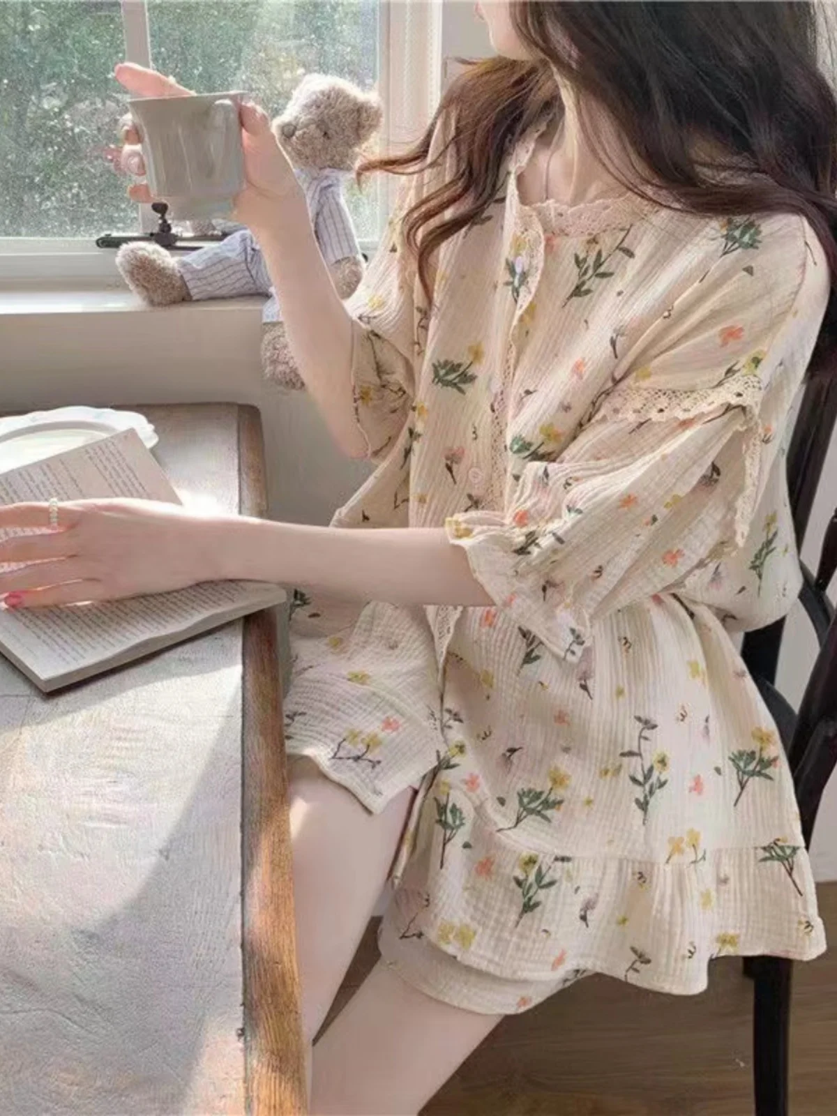 

Sweet Floral Lace Cotton Linen Sleepwear Short Sleeve Shorts Home Clothes Set for Women Summer Breathable Comfortable Nightgown