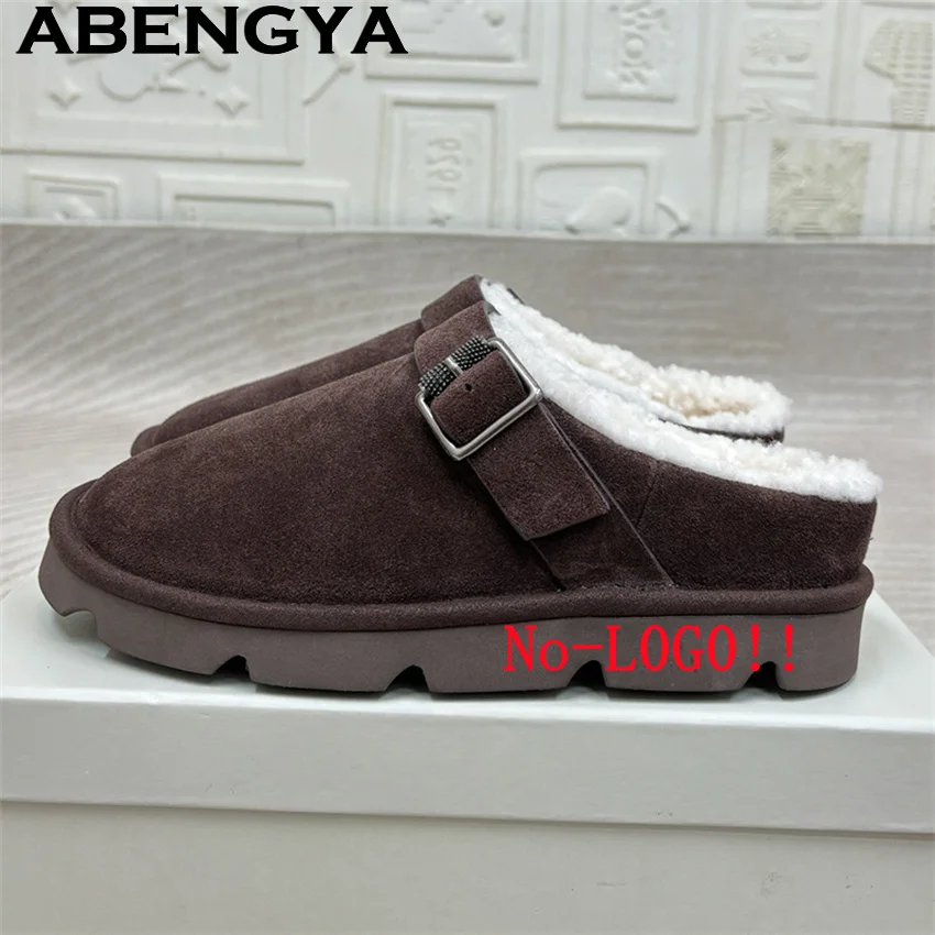 الشتاء جولة التفاف تو الصوف الفراء نعال مسطحة النساء جلد الغزال الحقيقي الدافئة سميكة البغال عادية النعال Zapatos de Mujer
