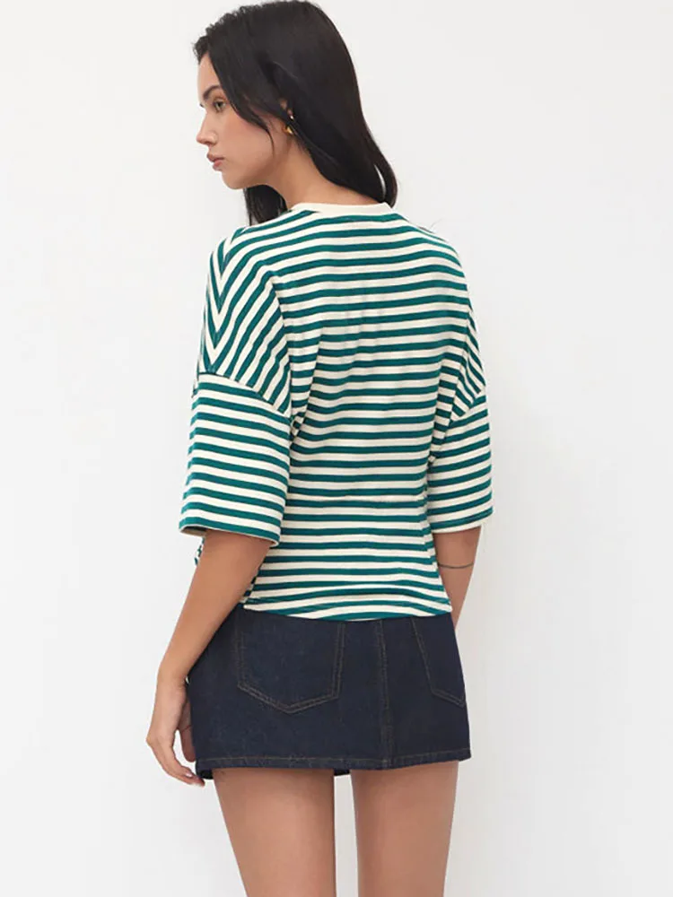 JULISSA MO Printed Striped Round Neck Women T-shirt Green Short Sleeve Casual Y2k T-shirt Female Autumn Slim Elegant Streetwear