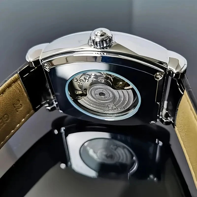 Elegant Men's Tourbillon Automatic Mechanical Watch - Luxurious Men's Watch with Skeleton Design, Faux Leather Strap, Business Casual Style, Barrel-Shaped Dial - the Ideal Gift for Him view 2