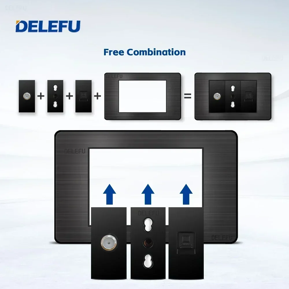 DELEFU Painel de aço inoxidável preto padrão italiano 118 * 74mm TEL CAT5E CAT6 TV tomada de parede via satélite