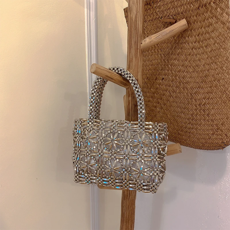 Vintage Silver Flowers Beaded Metallic Openwork Hand-woven Pearl Bag Shopping Tote Handbags for Women