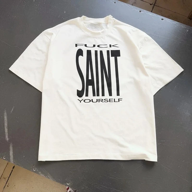 Retro SAINT logo short sleeved T-shirt for men and women's street wear, fashionable and casual summer printed top view 3