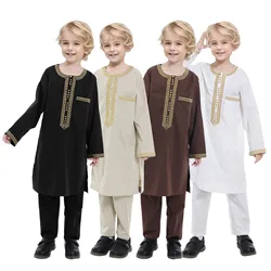 New 2024 Dubai Arab Muslim Kids Boys Clothes Sets Abaya Kaftan Robes+Pants Islamic Ramadan Clothing Arabic Child Kaftans Costume