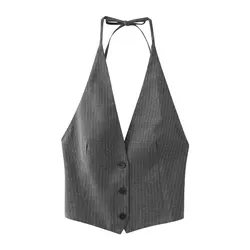 Women Fashion V Neck Single Breasted Striped Print Sleeveless Vest Female Backless Bow Tied Tops 4321