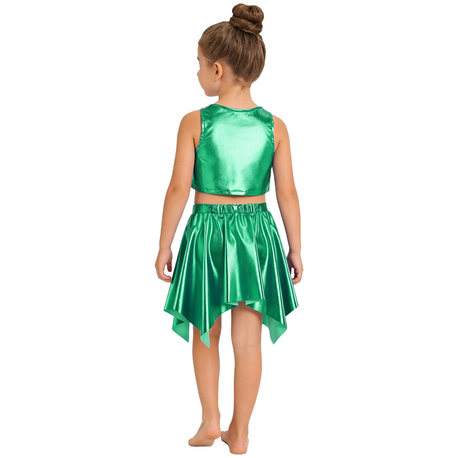 Kids Girls Jazz Rhythmic Dance Set Sleeveless Ruffle Metallic Vest with Skirt for School Party Cheerleading Performance