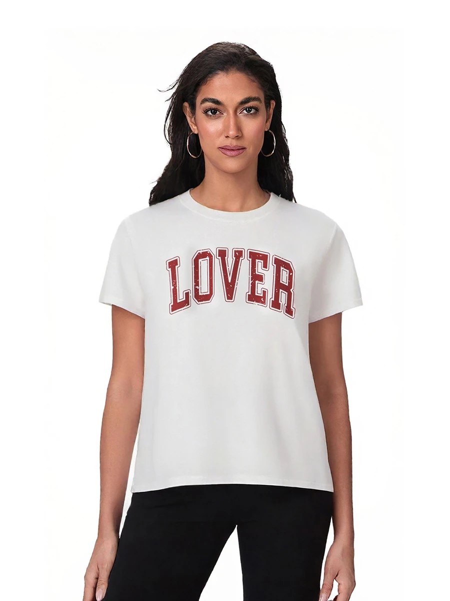 Women's Valentine's Day T-Shirts Lover Letter Print Casual Loose Short Sleeve Round Neck Oversized Tops Punk Tee for Streetwear
