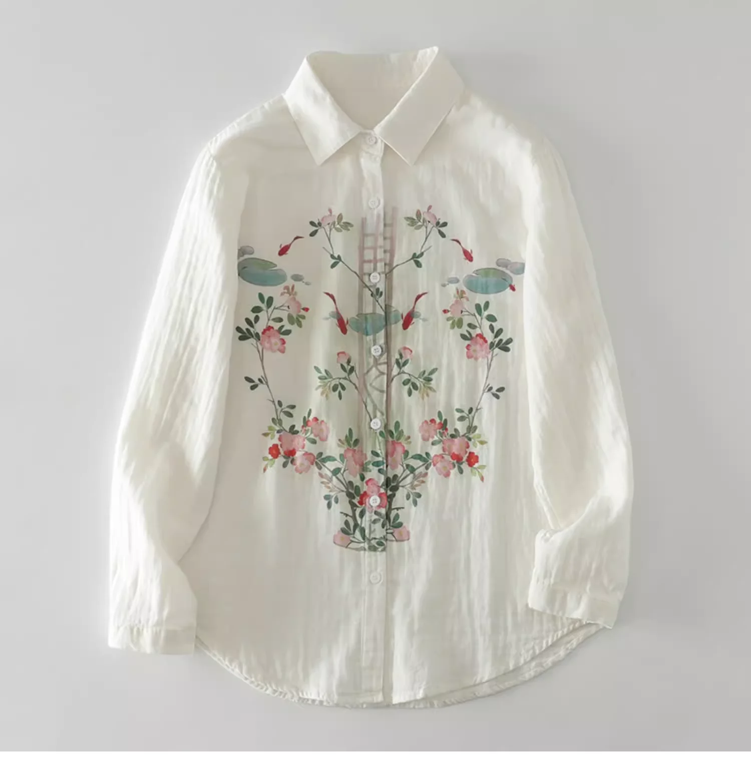 2025 Summer women\'s clothing 100% cotton yarn white shirts long sleeve blouses for women plant print tops ladies clothes