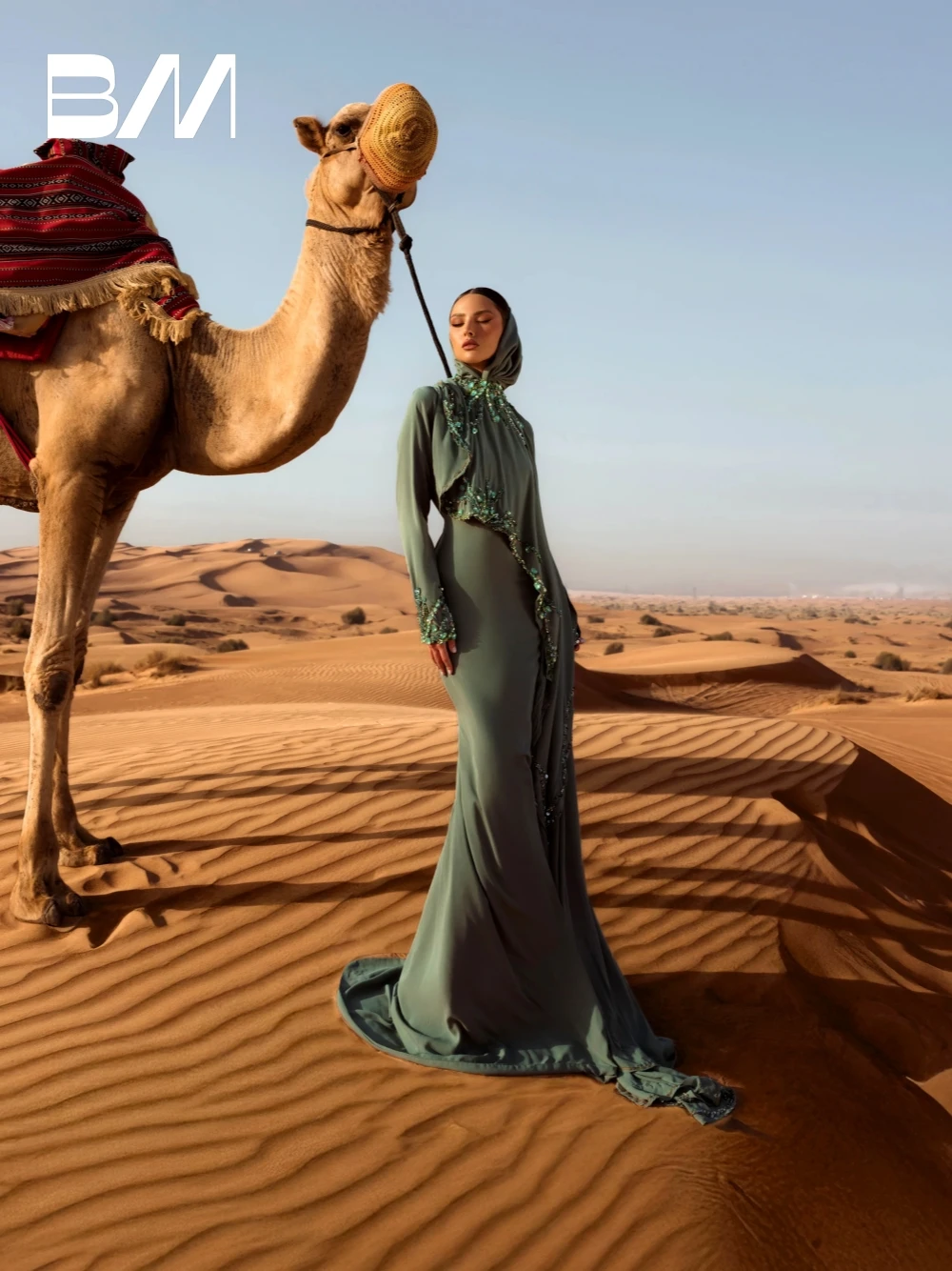 

Sage Modest Delicate Crystals Evening Gown With Hijab and Beaded Cape Accent Kaftan Abaya Shiny Cocktail Dress Customized