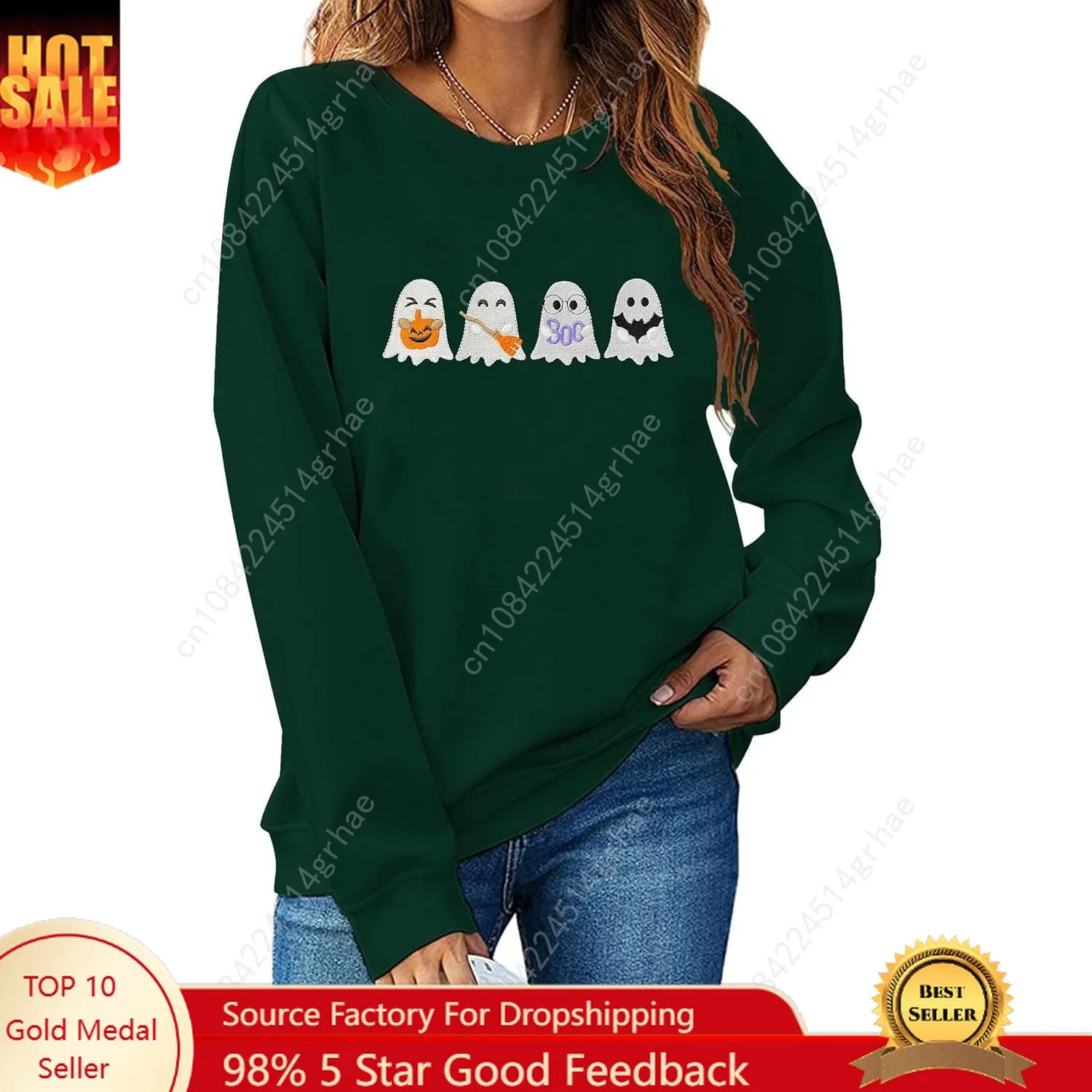 

Halloween Sweatshirts for Women Halloween Ghost Long Sleeve Shirt Crew Neck Embroidered Spooky Season Pullover Tops