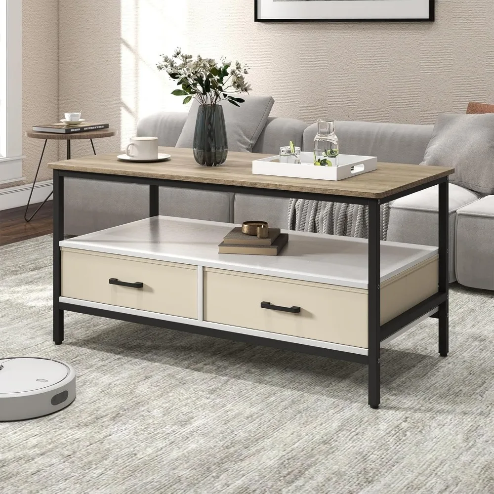 

Orange-Casual Coffee Table, 40 Farmhouse Coffee Table with Storage Shelf & 2 Removable and Foldable Drawers, Center Table wit
