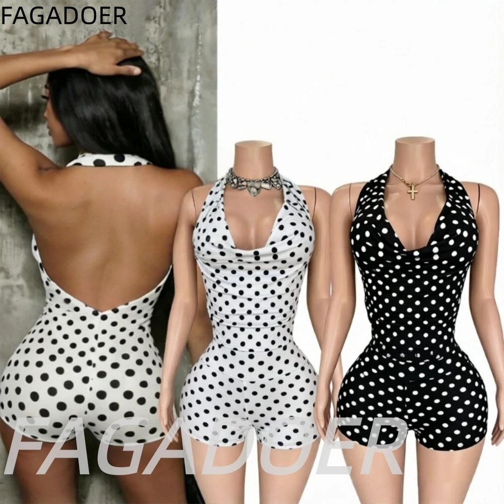 FAGADOER Black White Retro Polka Dot Bodyon Romper Sexy V Neck Halter Backless Skinny Jumpsuits for Women Summer Playsuits