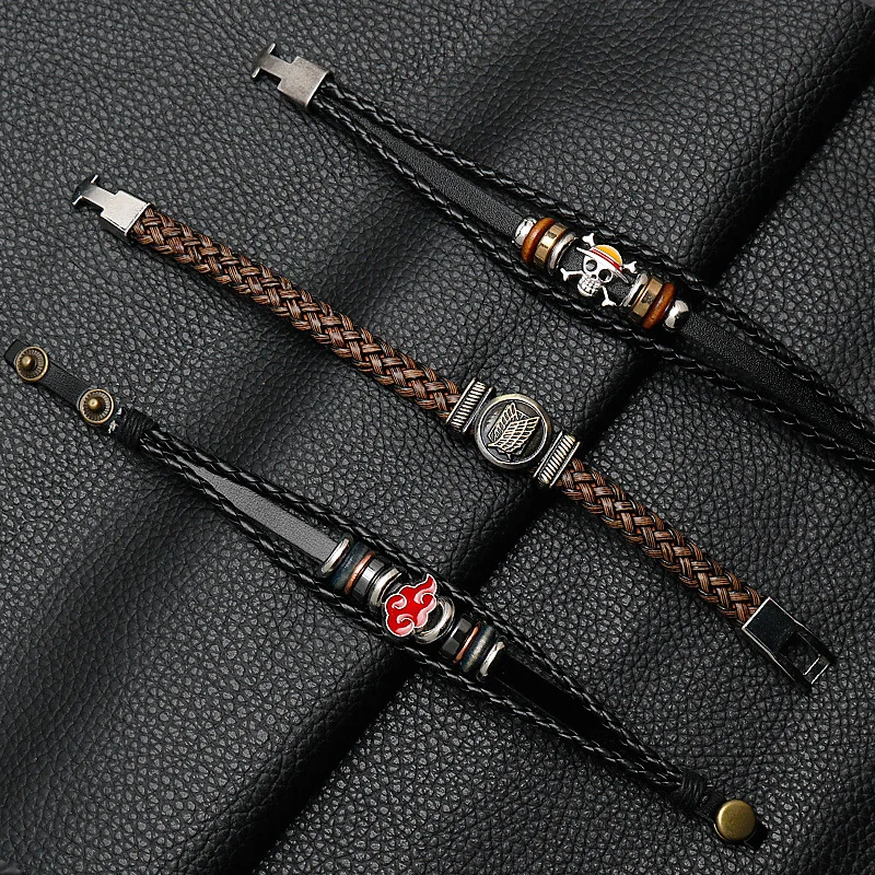 Anime Peripheral PU Woven Rope Bracelet For Men's Fashion Cosplay Luffy Skeleton Bracelet Vintage Leather Jewelry Props