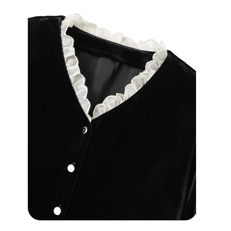 بلوزة نسائية من خيوط الحرير الطبيعي بأكمام طويلة ورقبة على شكل حرف V وحواف من الدانتيل - ملابس أنيقة وعصرية وغير رسمية وراقية