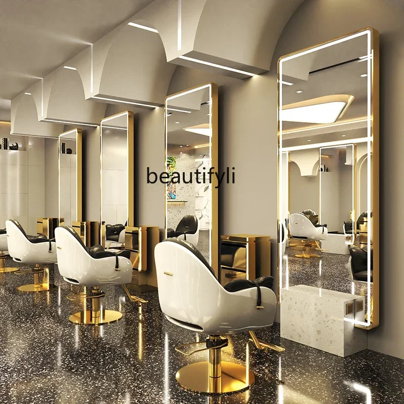 lt  Hair Salon Single Double-Sided Mirror Barber Shop Dressing Table Stainless Steel Floor Hair Cutting Mirror with Light