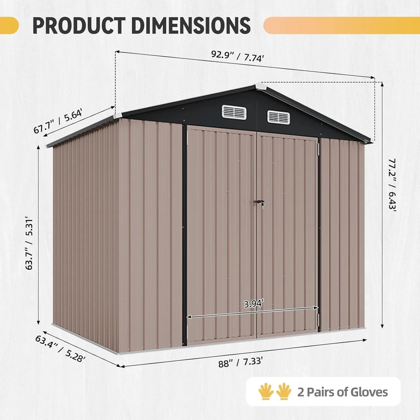 Shed with Floor Galvanized Steel Outdoor Storage Shed Brown | Metal Garden Shed with Double Doors, Moisture-Proof Floor & Ventilation, Sloped Roof for Garden, Patio, Backyard