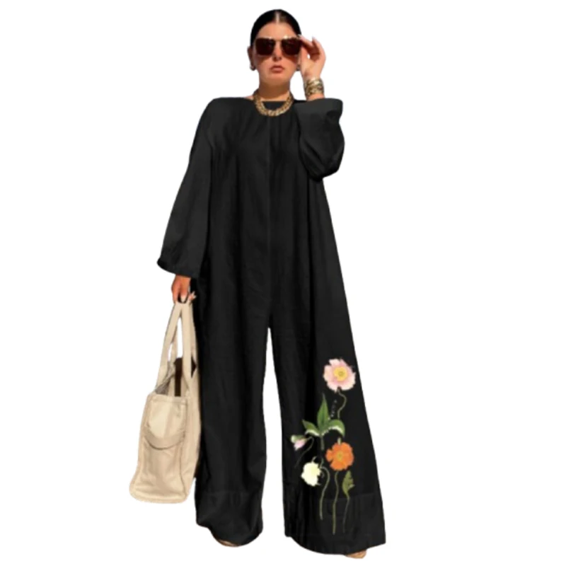 Yeezzi Women Fashion Floral Printed Wide Leg Jumpsuits 2024 New Autumn Long Sleeves Round-Neck Loose Urban Casual Jump Suits