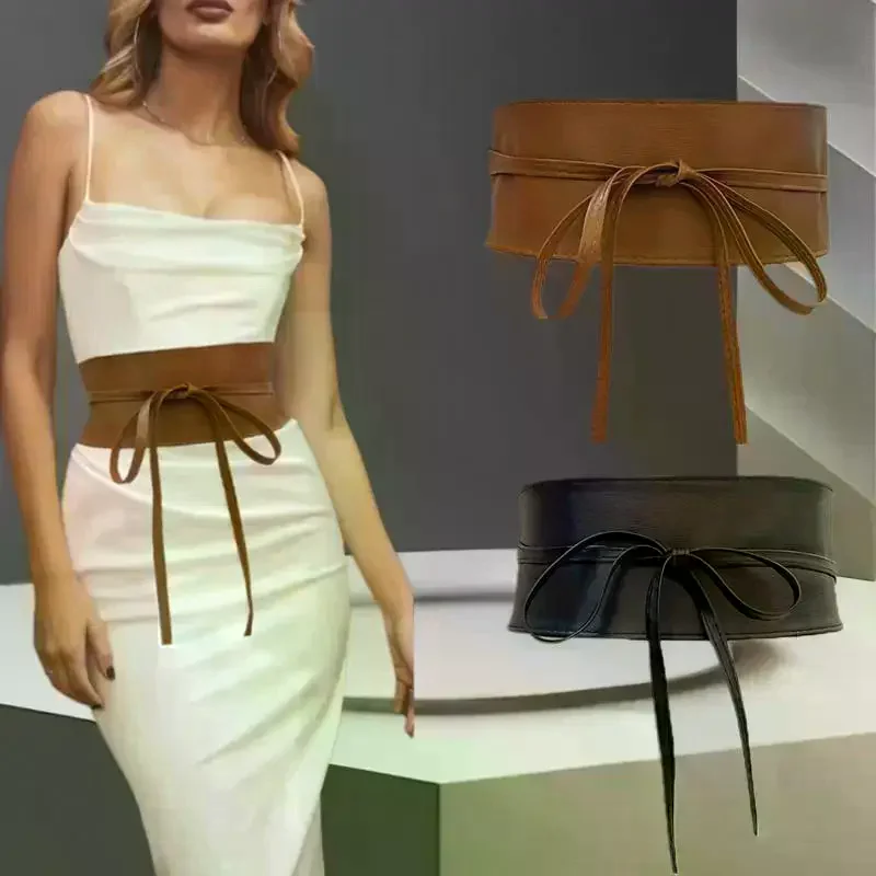 

Пояс в стиле бохо для женщин, с бантом, из искусственной кожи, облегающий, в стиле оби, черный, коричневый, широкий