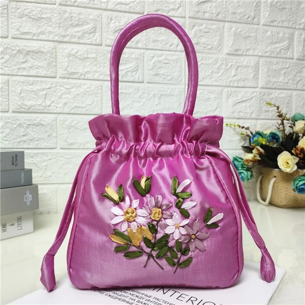 Embroidered Flower Pattern Women Bucket Bag Small Phone Bag Top Handle Bag National Style Dacron Drawstring Bag Daily Use