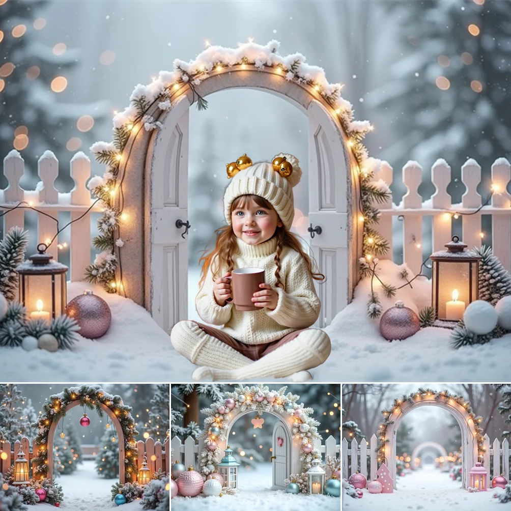 

MOON.QG Lantern Arch Door Snow Backdrop Winter Christmas Backgrounds For Photographs Custom Photocall Newborn Photography Props