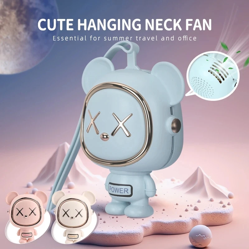 Mini Hanging Necklace Fan 3 Speed Cute Cartoon Bear Desktop Fan Cooling Handheld Ventilator Outdoor Camping Travel